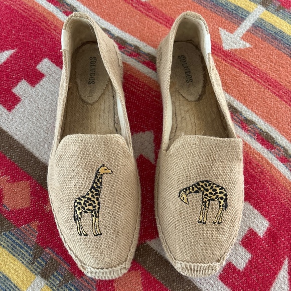 Soludos - Giraffe Embroidered Tan Espadrille Smoking Flats - Picture 1 of 7